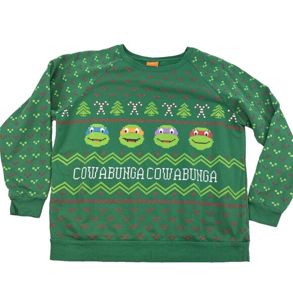 Nickelodeon TMNJ Cowabunga Christmas Sweatshirt Crewneck Pullover Green Womens L - Picture 1 of 10